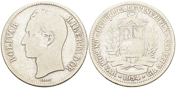 Венесуэла 1 боливар 1954 Р, Симон Боливар KM 37 серебро 4589-852