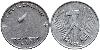 ГДР 1 ПФЕННИГ 1952 А KM 5 алюминий 4398-744