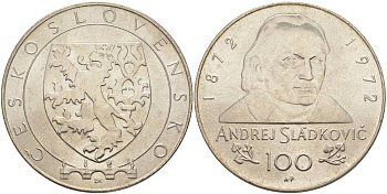 Чехословакия 100 крон 1990 100 лет со дня смерти Андрея Сладковича (1872-1972), пробная / проба серебро UNC 00-822-34