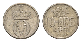 Норвегия 10 эре 1966 Улаф V (1957-1991) KM 411 медно-никель 4632-1153