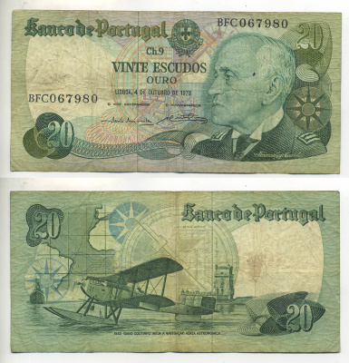 Португалия 20 эскудо 1978 Гагу Коутинью, биплан Fairey III III-MKII Pick 176 b бумага 7552-37-3