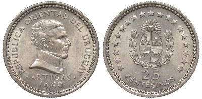 Уругвай 25 сентесимо 1960 KM 40 медно-никель 4576-256