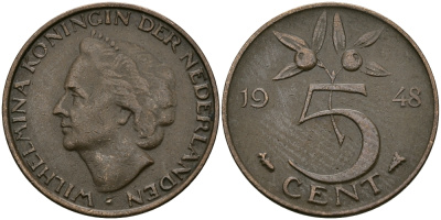 НИДЕРЛАНДЫ 5 ЦЕНТОВ 1948 ВИЛЬГЕЛЬМИНА KM 176 бронза 95-227