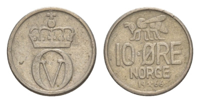 Норвегия 10 эре 1966 Улаф V (1957-1991) KM 411 медно-никель 4632-1153