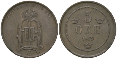 Швеция 5 эре 1875 Оскар II (1872-1907) KM 736 бронза 4175-114