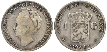 Нидерландское Кюрасао 1 гульден 1944 D, Вильгельмина (1890-1948) KM 45 серебро 36-414