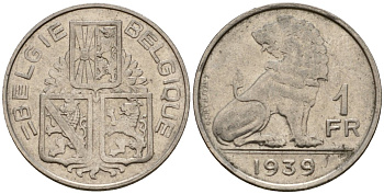 Бельгия 1 франк 1939 Belgie - Belgique KM 120 никель 217-543