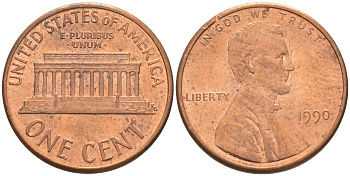 США 1 ЦЕНТ 1990 ЛИНКОЛЬН KM 201b цинк плакированный медью UNC 188-238