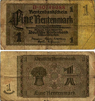 ГЕРМАНИЯ 1 РЕНТЕНМАРКА 1937 30 ЯНВАРЯ 1937, ВЕЙМАРСКАЯ РЕСПУБЛИКА, ВОСЕМЬ ЦИФР В НОМЕРЕ СЕРИИ, СЕРИЯ D Pick 173b, Rosenberg 166b бумага 6278-56-2-1