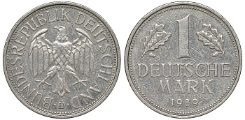 ФРГ 1 марка 1989 D J 385, KM 110 медно-никель 51-3012
