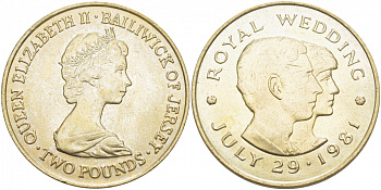 Джерси 2 фунта 1981 королевская свадьба принца Чарльза и леди Дианы Спенсер, 29 июля 1981 года KM 52 медно-никель UNC 118-524