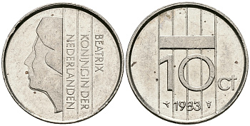 НИДЕРЛАНДЫ 10 ЦЕНТОВ 1983 БЕАТРИКС KM 203 никель 96-563
