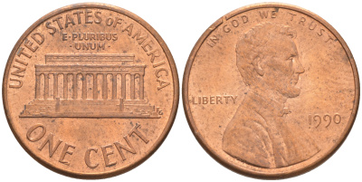 США 1 ЦЕНТ 1990 ЛИНКОЛЬН KM 201b цинк плакированный медью UNC 188-238
