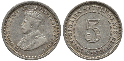 Стрейтс-Сетлментс 5 центов 1935 Георг V (1910-1936) KM 36 серебро 54-557