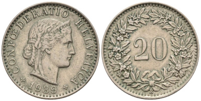 Швейцария 20 раппенов 1939 В KM 29 никель 4576-958
