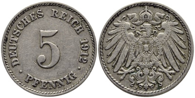 ГЕРМАНИЯ 5 ПФЕННИГОВ 1912 J KM 11, Jager 12, Weege 6 медно-никель 4547-532
