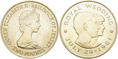 Джерси 2 фунта 1981 королевская свадьба принца Чарльза и леди Дианы Спенсер, 29 июля 1981 года KM 52 медно-никель UNC 118-524