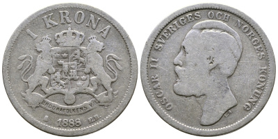 Швеция 1 крона 1888 EB, Оскар II (1872-1907) король Швеции и Норвегии KM 747 серебро 4178-452
