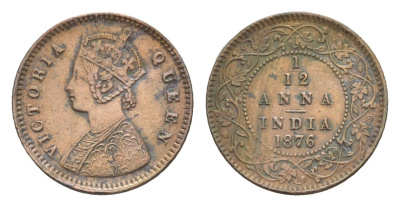 Британская Индия 1/12 анна 1876 Виктория (1837-1901) KM 465 медь    1528-1442