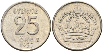 Швеция 25 эре 1955 TS, Густав VI Адольф (1950-1973) KM 824 серебро 4147-1043