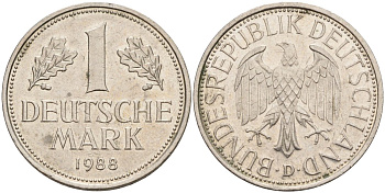 ФРГ 1 марка 1988 D KM 110, J. 385 медно-никель 4177-1243