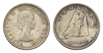 Канада 10 центов 1964 Елизавета II (1952-2022), парусник KM 51 серебро 4623-939