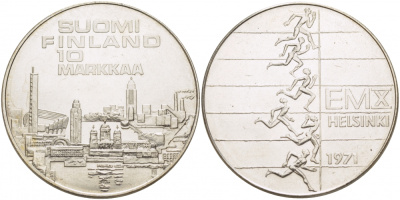 Финляндия 10 марок 1971 S-H, X Чемпионат Европы по легкой атлетике KM 52 серебро UNC 1515-1344
