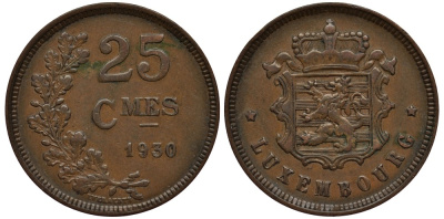 Люксембург 25 сантимов 1930 великая герцогиная Шарлотта (1919-1964) KM 42 бронза 4538-831