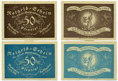 ВАЛЬДЕНБУРГ НАБОР ИЗ 2 БАНКНОТ ПО 50 ПФЕННИГОВ 1921 16 ЯНВАРЯ 1921, НОТГЕЛЬД (ГОЛУБОЙ И КОРИЧНЕВЫЙ), ЗЕМЛЯ СИЛЕЗИЯ Grabowski 1371.10 бумага 2193-17-2-2