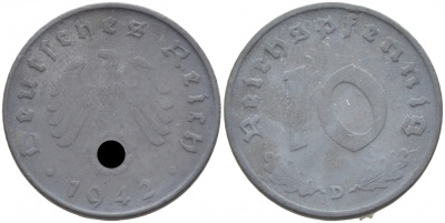 ГЕРМАНИЯ 10 РЕЙХСПФЕННИГОВ 1942 D KM 101, J. 371 цинк 4402-616