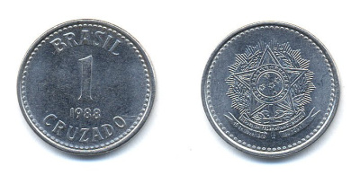 Бразилия 1 крузадо 1988 KM 605 нержавеющая сталь 76-735