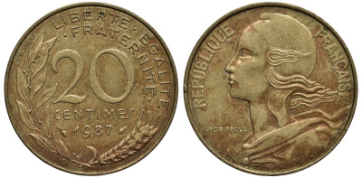Франция 20 сантимов 1987 тип Marianne KM 930, Le Franc 156.27 медь алюминий никель 186-856