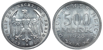 Германия 500 марок 1923 А KM 36, J.305 алюминий UNC 4587-613