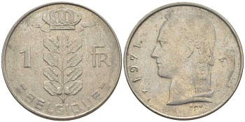 БЕЛЬГИЯ 1 ФРАНК 1971 BELGIQUE, БОДУЭН I (1951-1993) KM 142.1 медно-никель 119-514