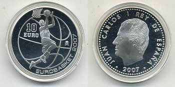 Испания 10 евро 2007 ЧЕМПИОНАТ ЕВРОПЫ ПО БАСКЕТБОЛУ, В ОРИГИНАЛЬНОЙ КОРОБКЕ С СЕРТИФИКАТОМ KM 1134 серебро PROOF 5-2-28
