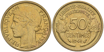 ФРАНЦИЯ 50 САНТИМОВ 1941 ТИП MORLON KM 894.1, LE FRANC 192.18 алюминиевая бронза 44-626
