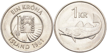Исландия 1 крона 1981 треска KM 27 медно-никель 219-836