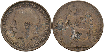 Великобритания 1/2 пенни 1915 Георг V (1910-1936) KM 809, Spink 4056 бронза 4143-651