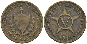 Куба 5 сентаво 1943 KM 11.3a латунь 4541-251