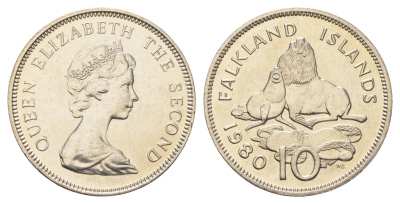 Фолклендские острова (Фолкленды) 10 пенсов 1980 Елизавета II (1952-2022), южные морские котики KM 5.1 медно-никель UNC 4666-357