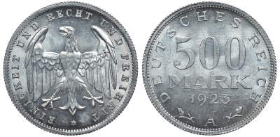 Германия 500 марок 1923 А KM 36, J.305 алюминий UNC 4587-613