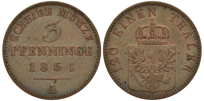 Пруссия 3 пфеннига 1864 А, Вильгельм I (1861-1888) Olding 424, AKS 106, Jaeger 52 медь 413-5332