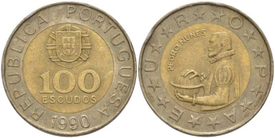 Португалия 100 эскудо 1990 Педру Нуниш (1502-1578), математик KM 645.1 биметалл 4551-1035