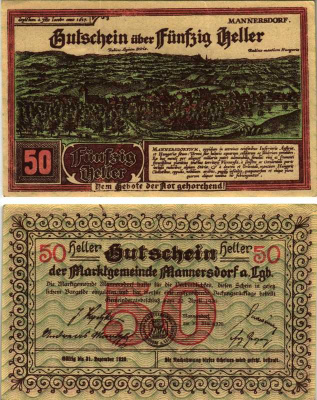 МАННЕРСДОРФ-ам-ЛАЙТАГЕБИГРЕ 50 ГЕЛЛЕРОВ 1920 НОТГЕЛЬД, 30 МАЯ 1920 - 31 ДЕКАБРЯ 1920, НИЖНЯЯ АВСТРИЯ бумага 7205-31-3-2