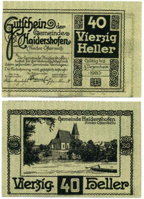 Австрия, Хайдерсхофен 40 геллеров 1920 31 декабря 1920, нотгельд, коммуна в земле Нижняя Австрия   бумага  UNC (пресс) 7221-27-3-2