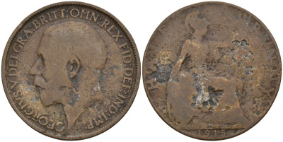 Великобритания 1/2 пенни 1915 Георг V (1910-1936) KM 809, Spink 4056 бронза 4143-651