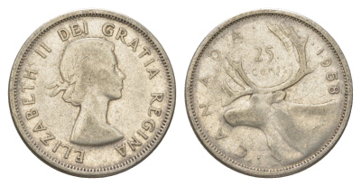 Канада 25 центов 1958 Елизавета II (1952-2022), олень KM 52 серебро 4622-827