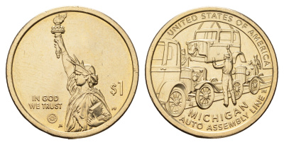 США 1 доллар 2025 Американские инновации - Мичиган. Конвейерная линия для сборки автомобиля KM NEW медь плакированная марганцем латунью UNC 4678-727