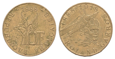 Франция 10 франков 1988 100 лет со дня рождения Ролана Гарроса KM 965 никель латунь 4543-845