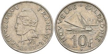 Французская Новая Каледония 10 франков 2007 рыбачья парусная лодка, (IEOM) KM 11a, Schoen 13a, Lec 99k медно-никель 56-1436